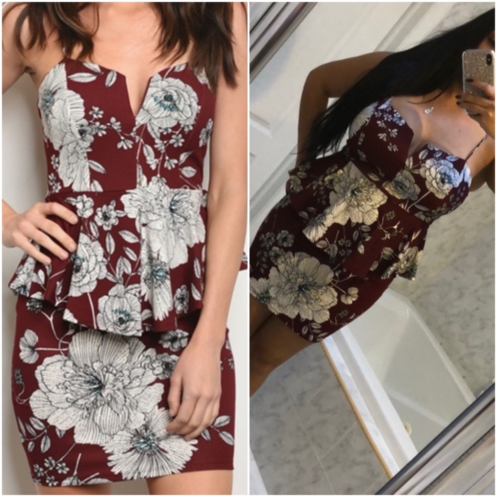 LAST 1! BURGANDY WINE FLORAL PEPLUM DRESS